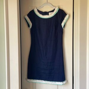 Linen Shift Dress With Fringe Trim in Navy by Sail to Sable